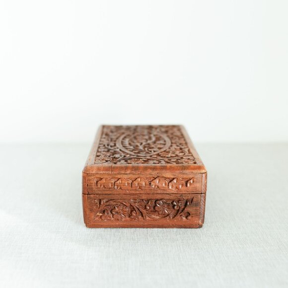 Vintage Hand Carved Wooden Jewelry Trinket Memorial Box Himalayan Jungle Wood - Picture 10 of 16